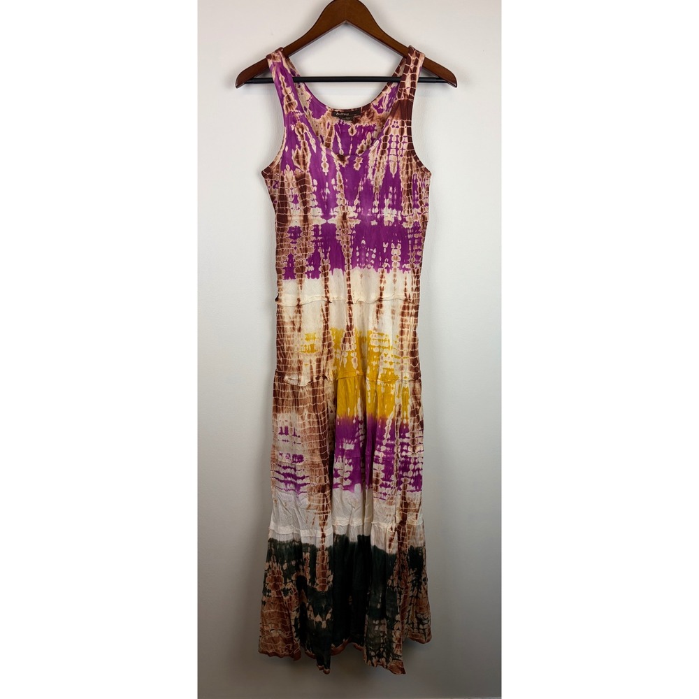 Solitaire Y2K Maxi Dress Medium Purple Tie Dye Boho Tiered Cotton Beach Scoop